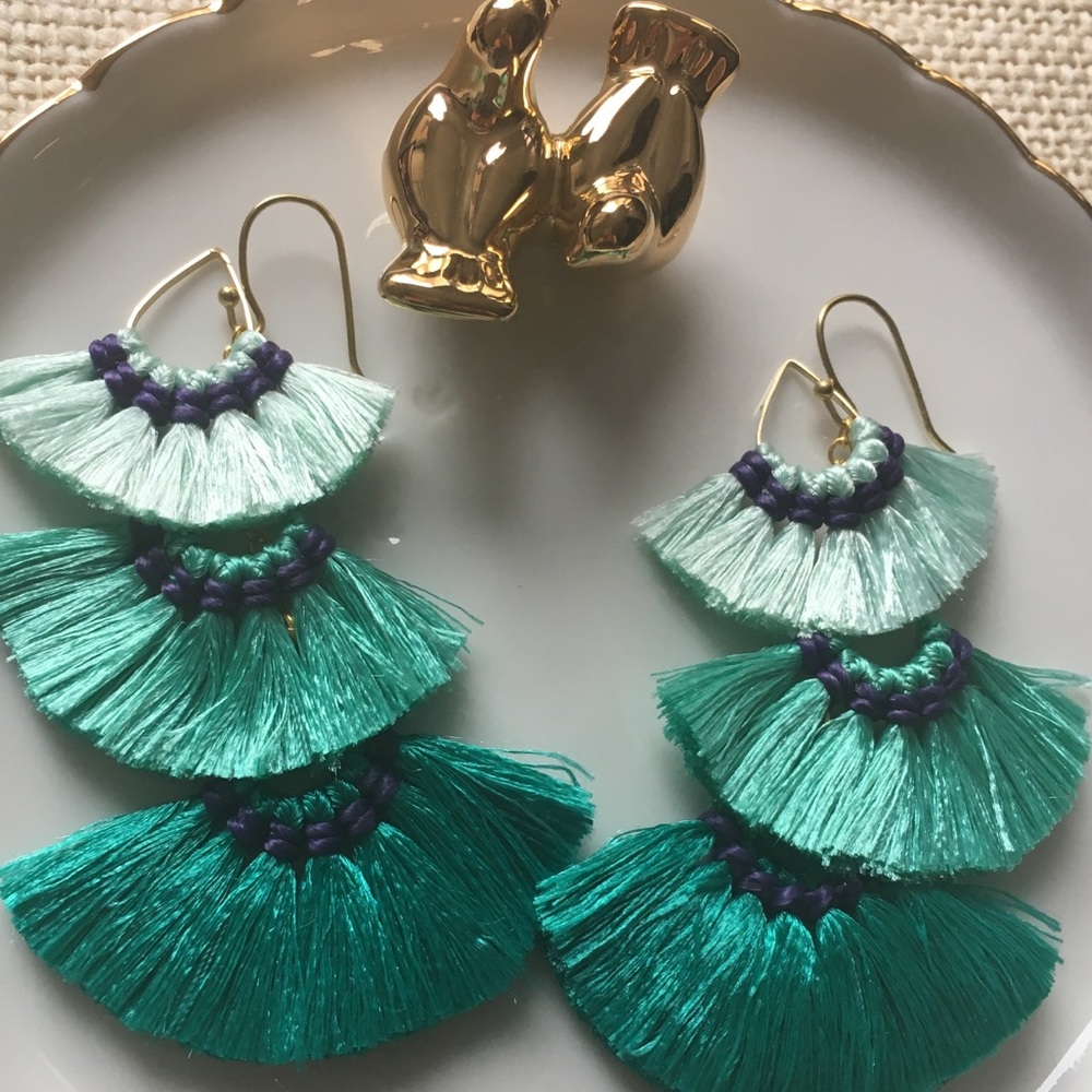 Handmade, Turquoise ombré 3 tassel earrings